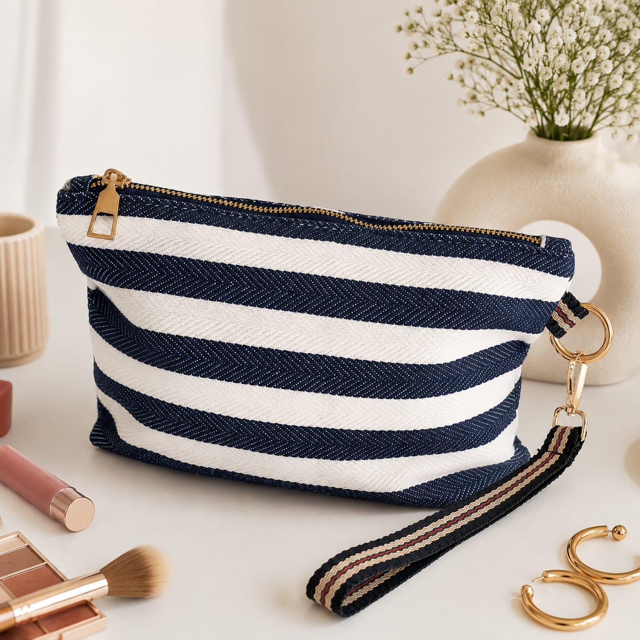 Fashion Versatile stripped Zipper Makeup Bag