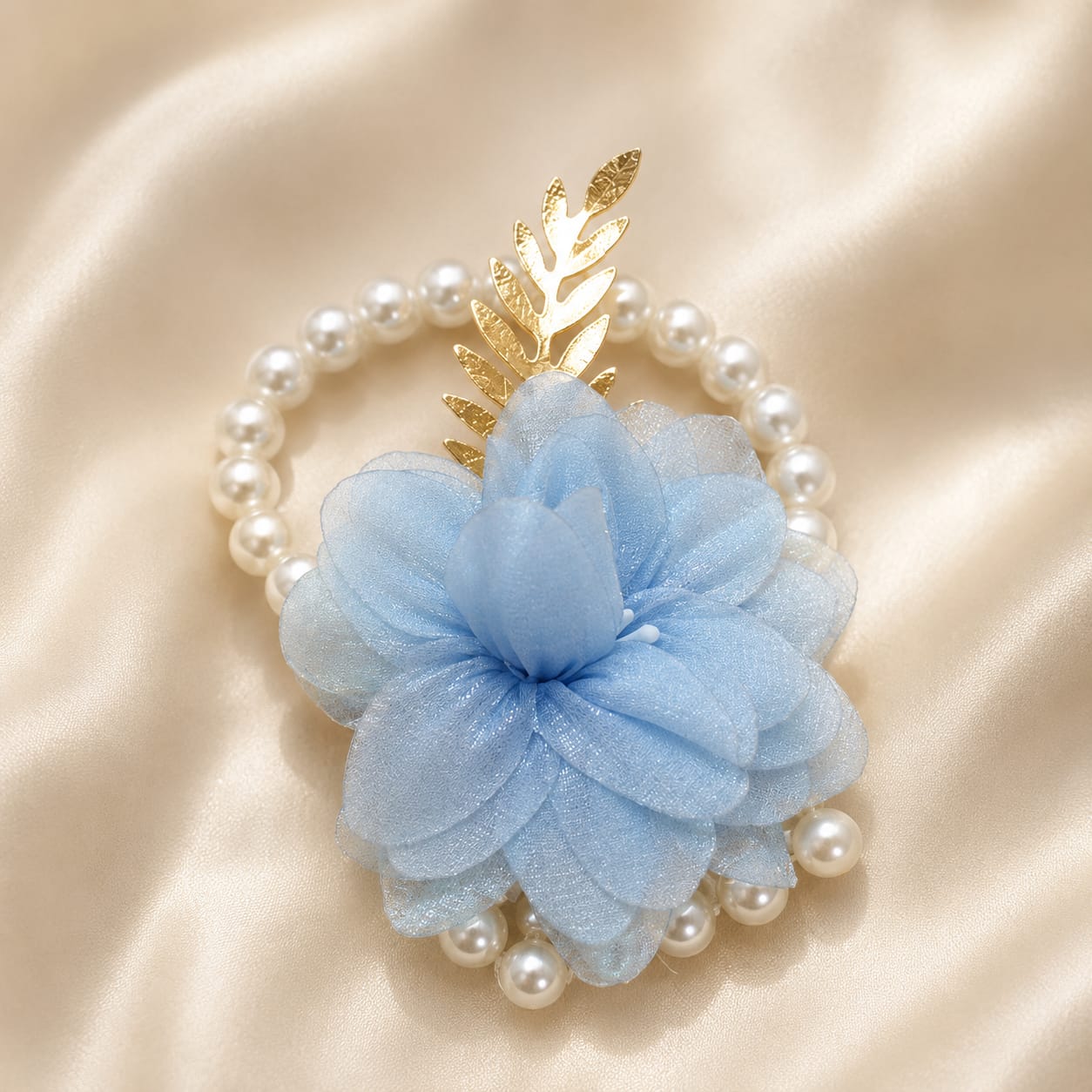 Women Wrist Corsage with Light Blue Camellia , Golden Leave