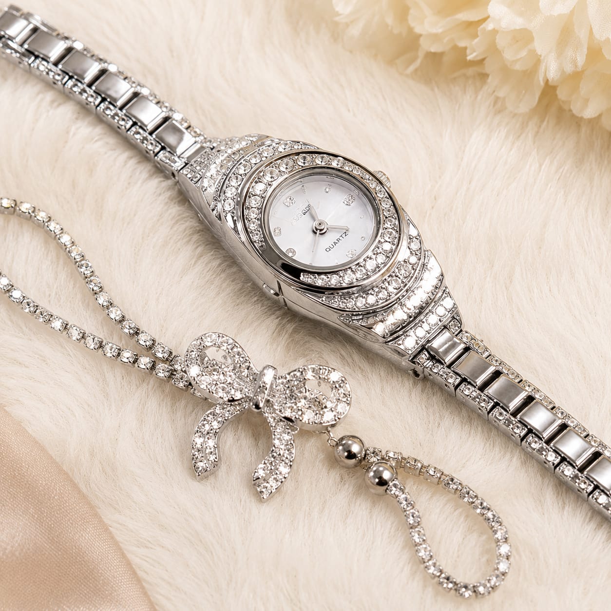 2 Pcs Set Luxury Rhinestone Studded Elegant Quartz Watch