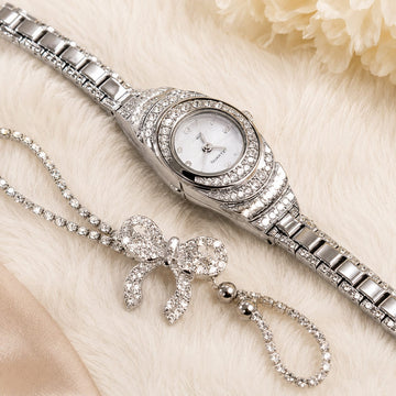 2 Pcs Set Luxury Rhinestone Studded Elegant Quartz Watch