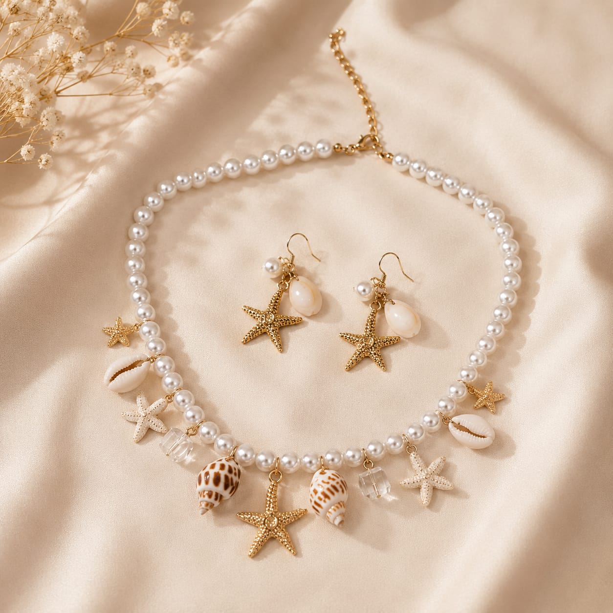 3Pcs Ocean Theme Faux Pearl Starfish Beaded Necklace