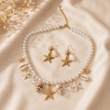 3Pcs Ocean Theme Faux Pearl Starfish Beaded Necklace