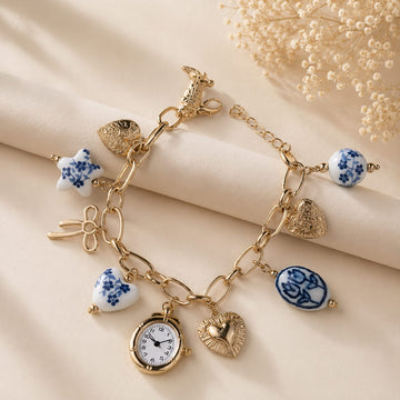 Charm Baracelet with Faux Clock Heart bow ceremic charms