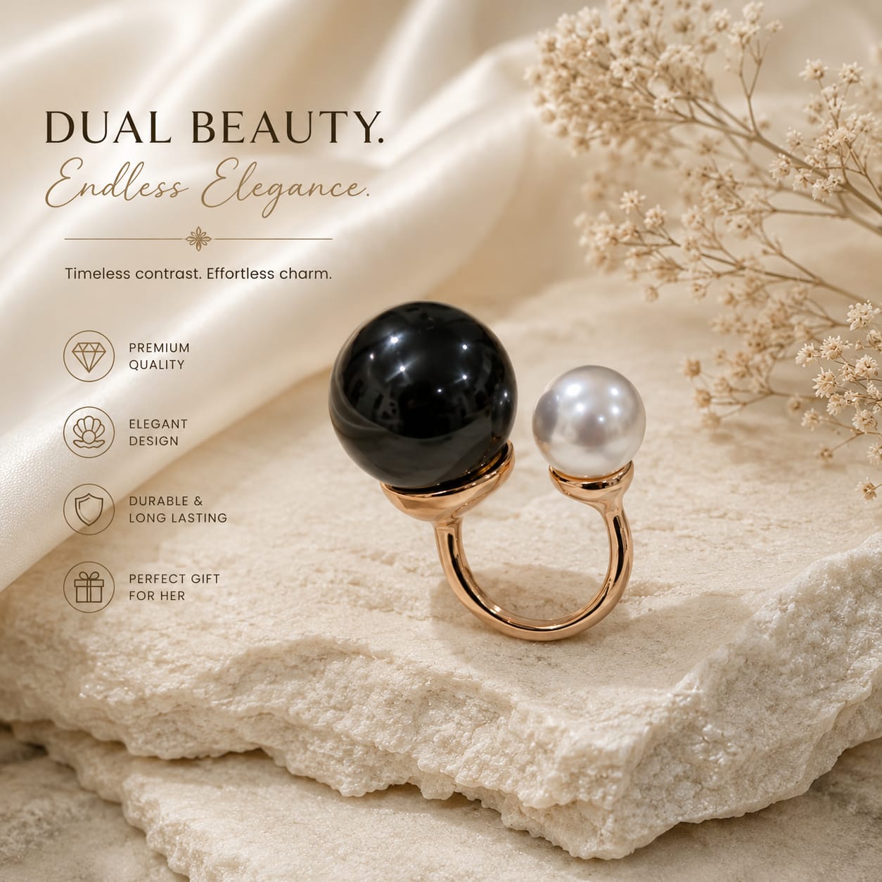 Adjustable Pearl Ring - Black & White