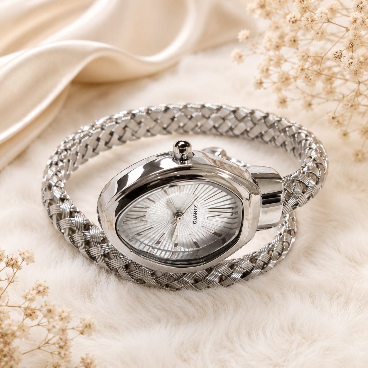 Oval Dial Roman Numeral Quartz Silver Tone Cuff Baracelet Watch