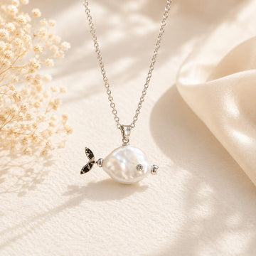 Elegant Small Fish Shaped Pearl Pendant Necklace , Plated with 18K Gold