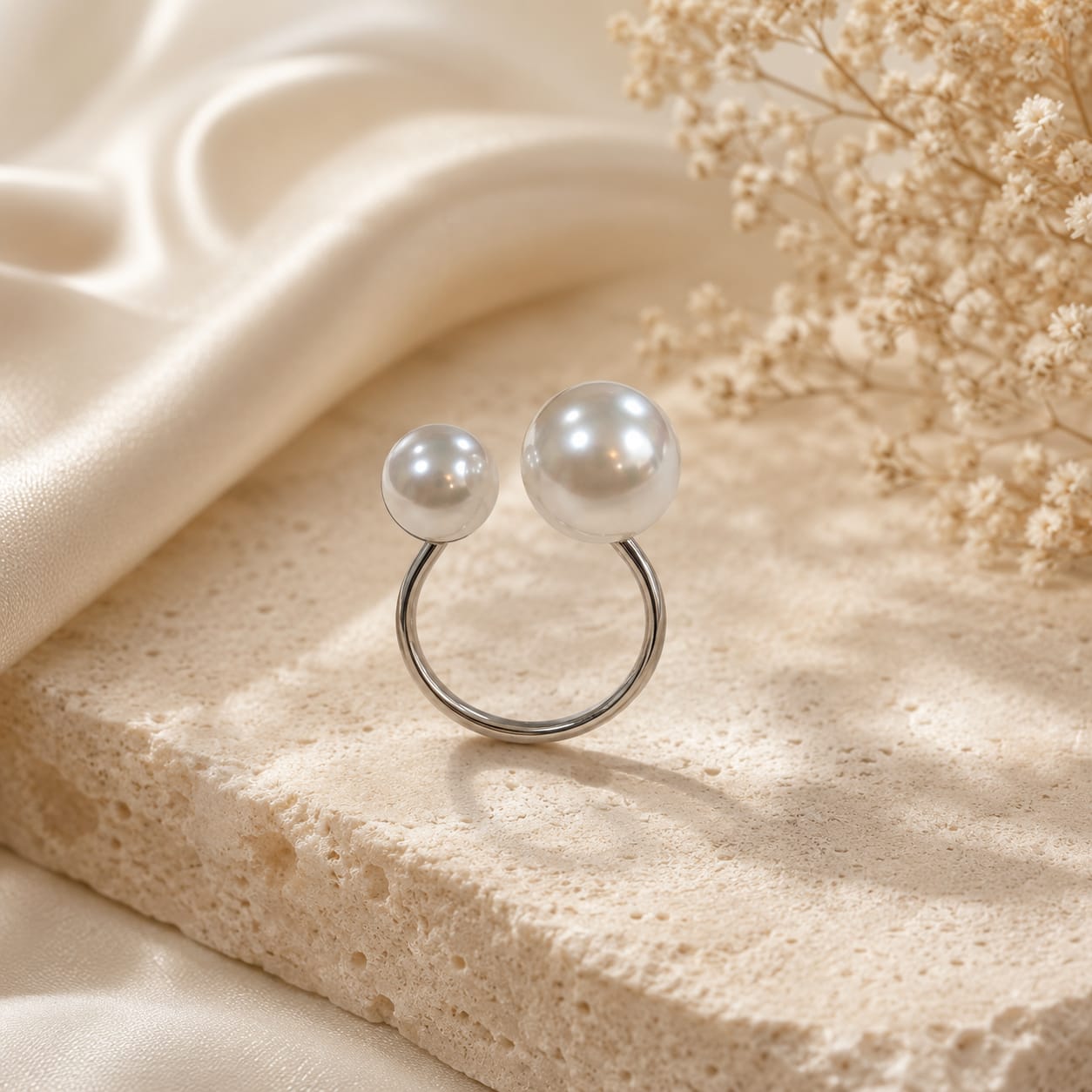 Open Faux Pearl Ring - Silver