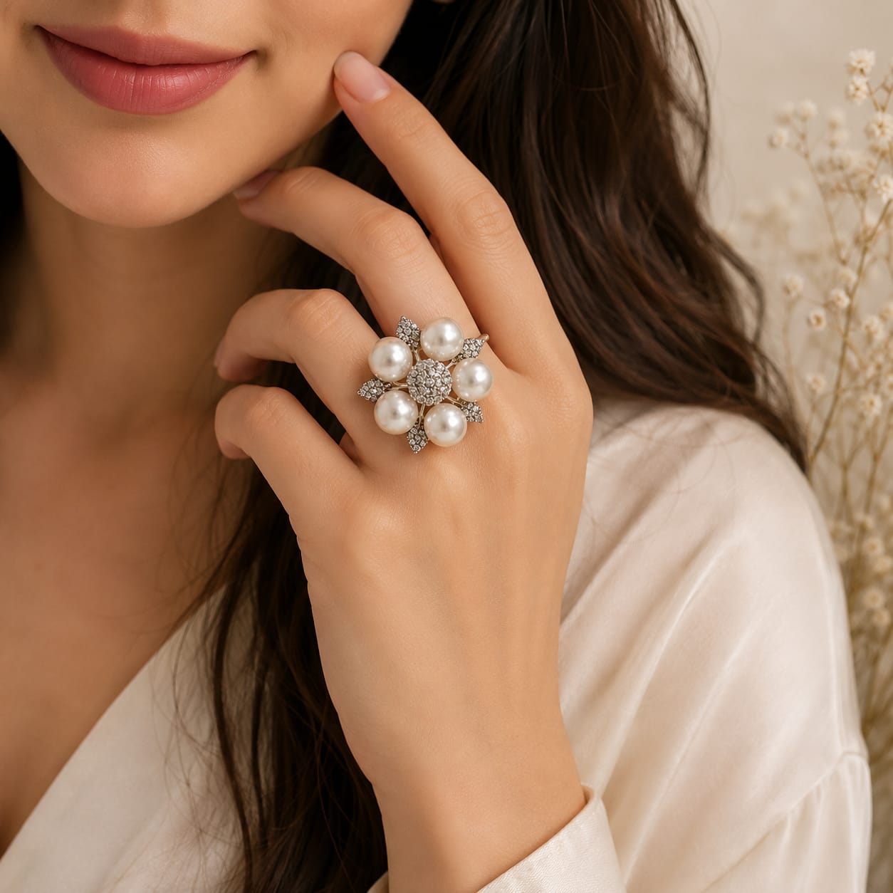 Adjustable Pearl & Diamond Flower Ring