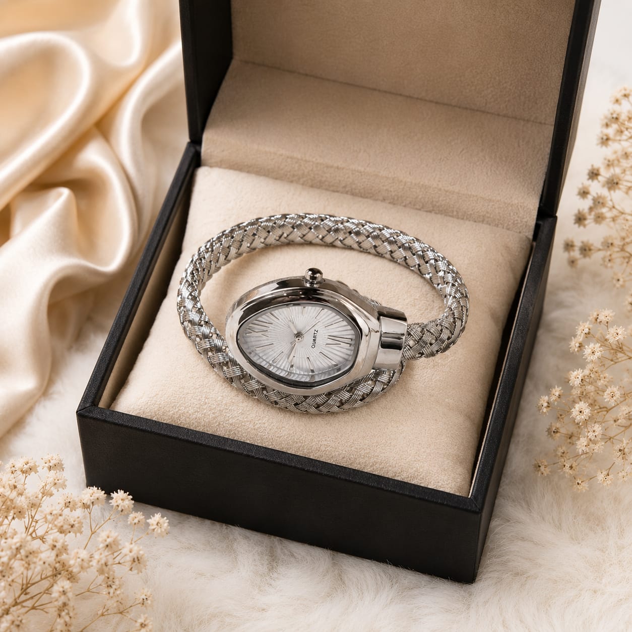 Oval Dial Roman Numeral Quartz Silver Tone Cuff Baracelet Watch