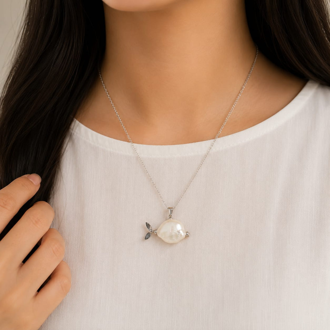 Elegant Small Fish Shaped Pearl Pendant Necklace , Plated with 18K Gold