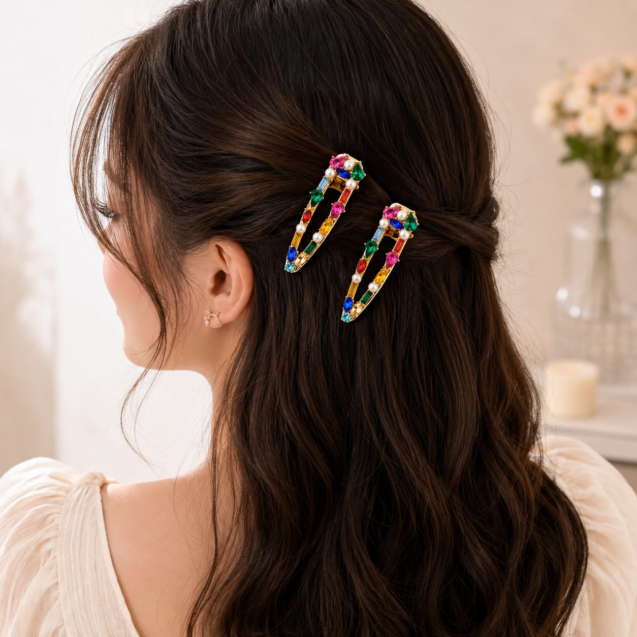 2Pcs Rhinestone waterdrop Square Shaped  Hair Pins