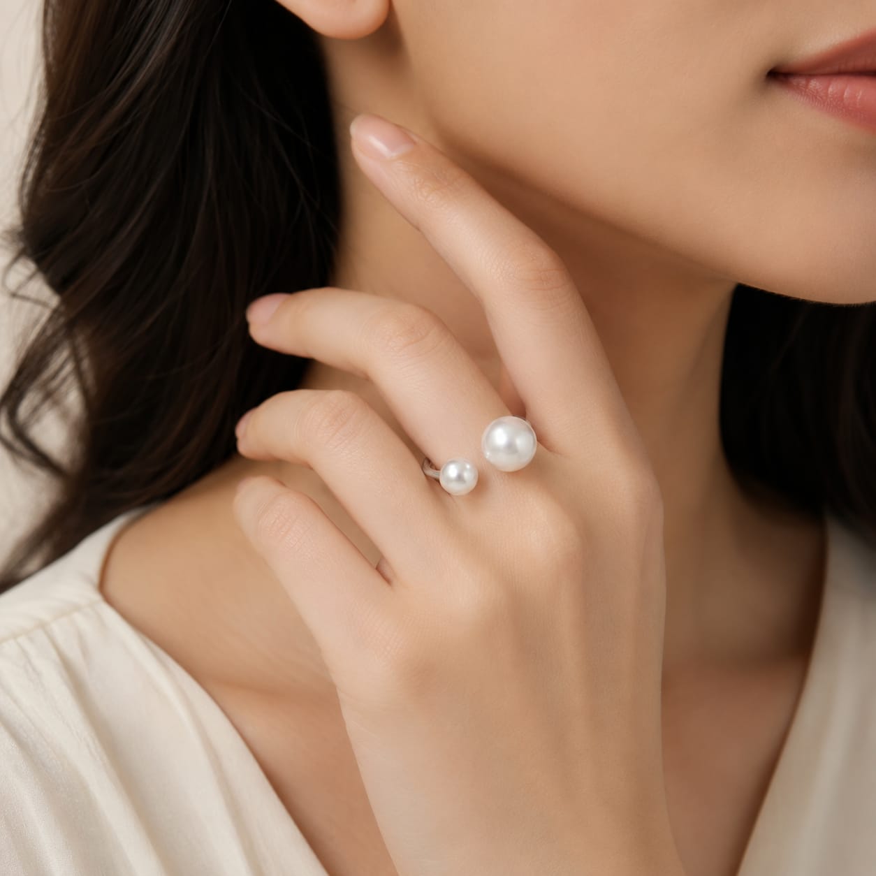 Open Faux Pearl Ring - Silver