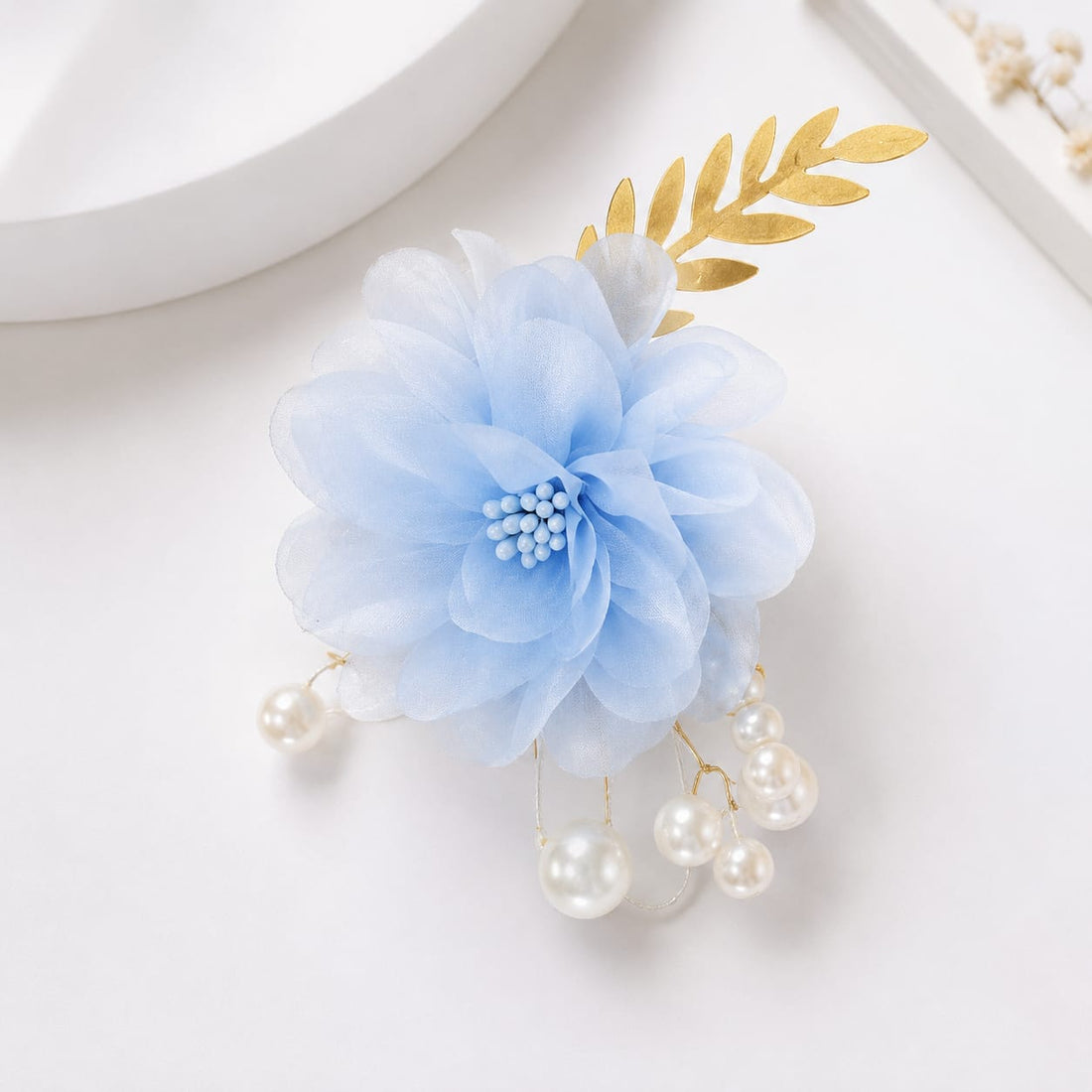 Women Wrist Corsage with Light Blue Camellia , Golden Leave