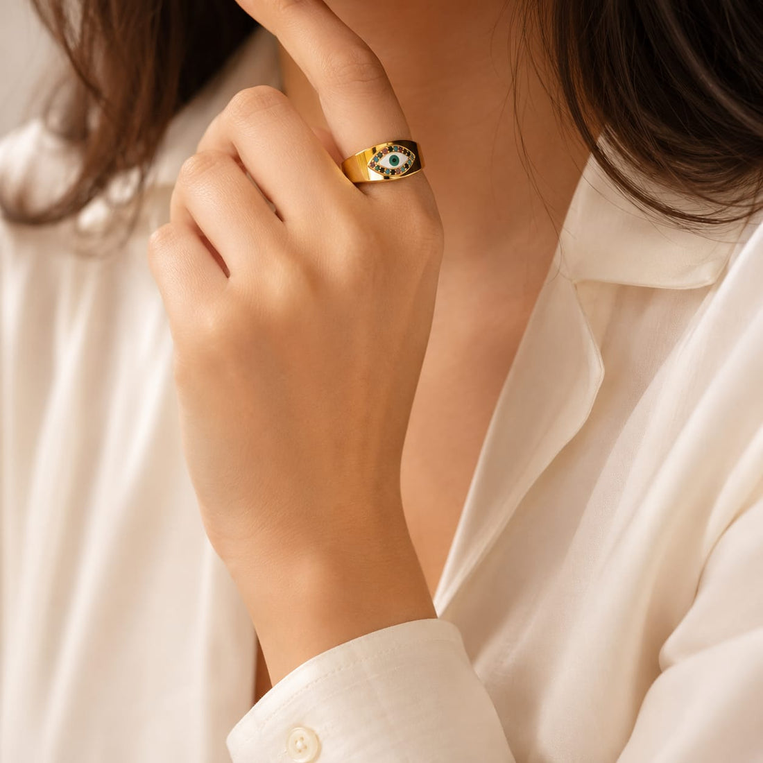 Gold Color Stainless Steel Vintage Turkish Evil Eye Ring