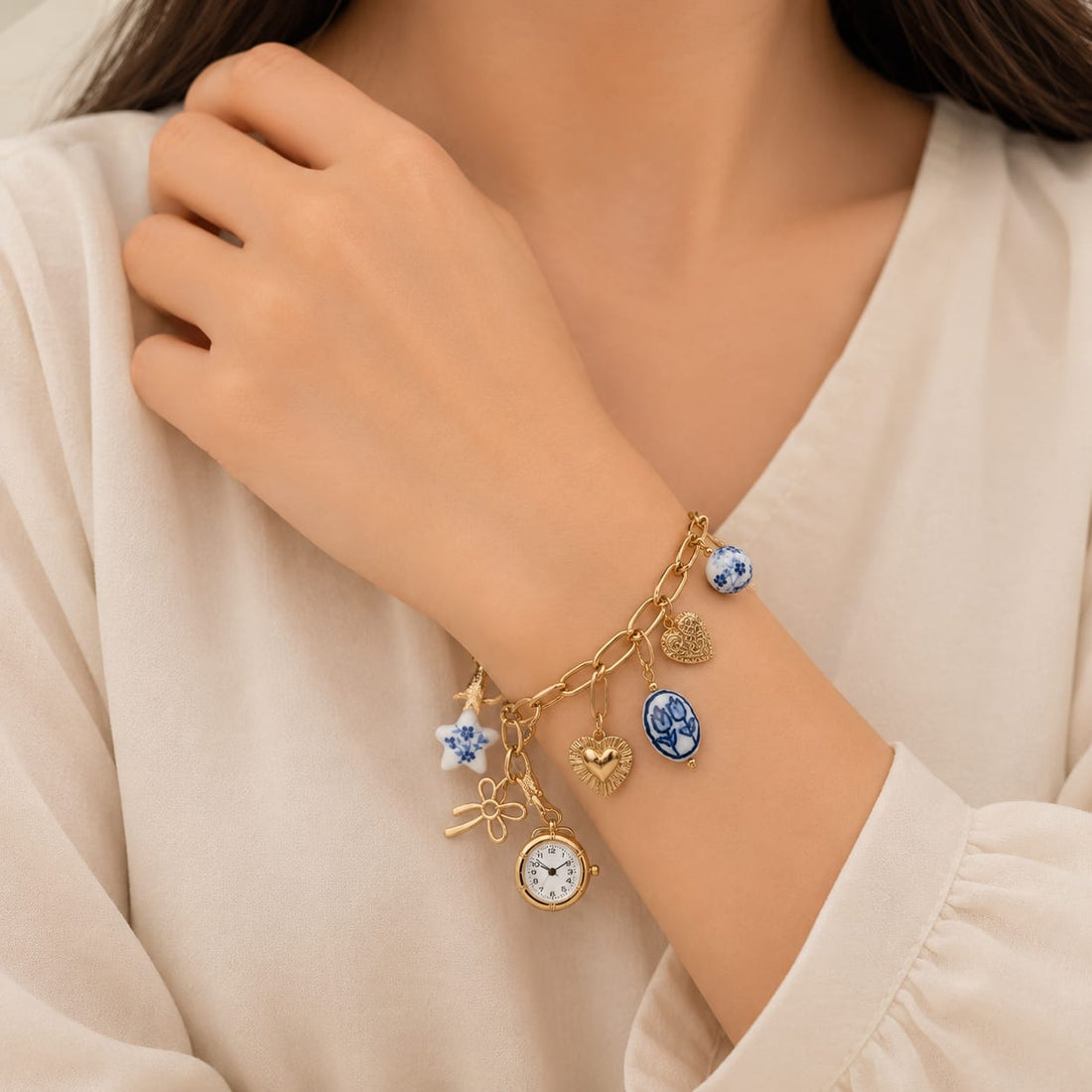 Charm Baracelet with Faux Clock Heart bow ceremic charms