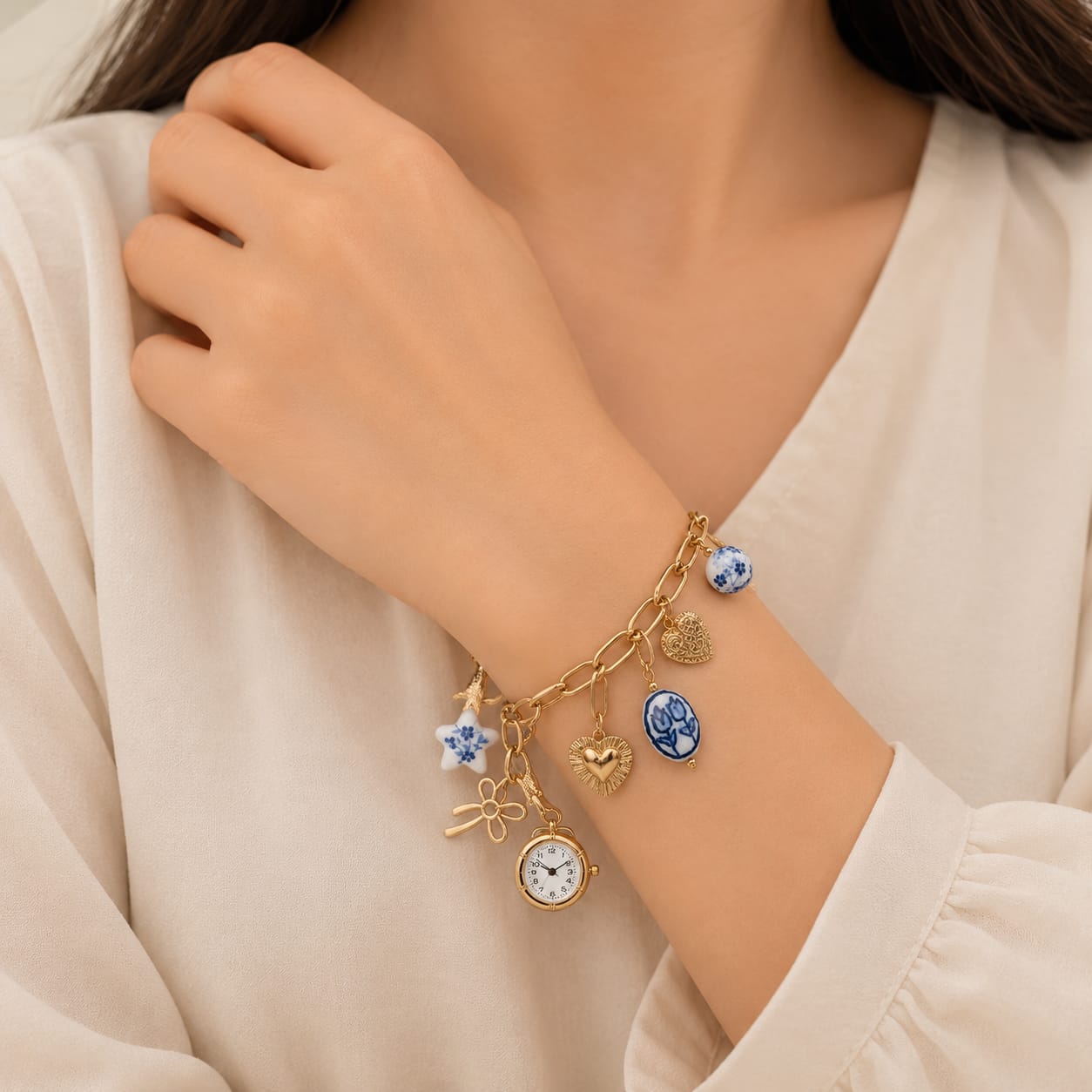 Charm Baracelet with Faux Clock Heart bow ceremic charms