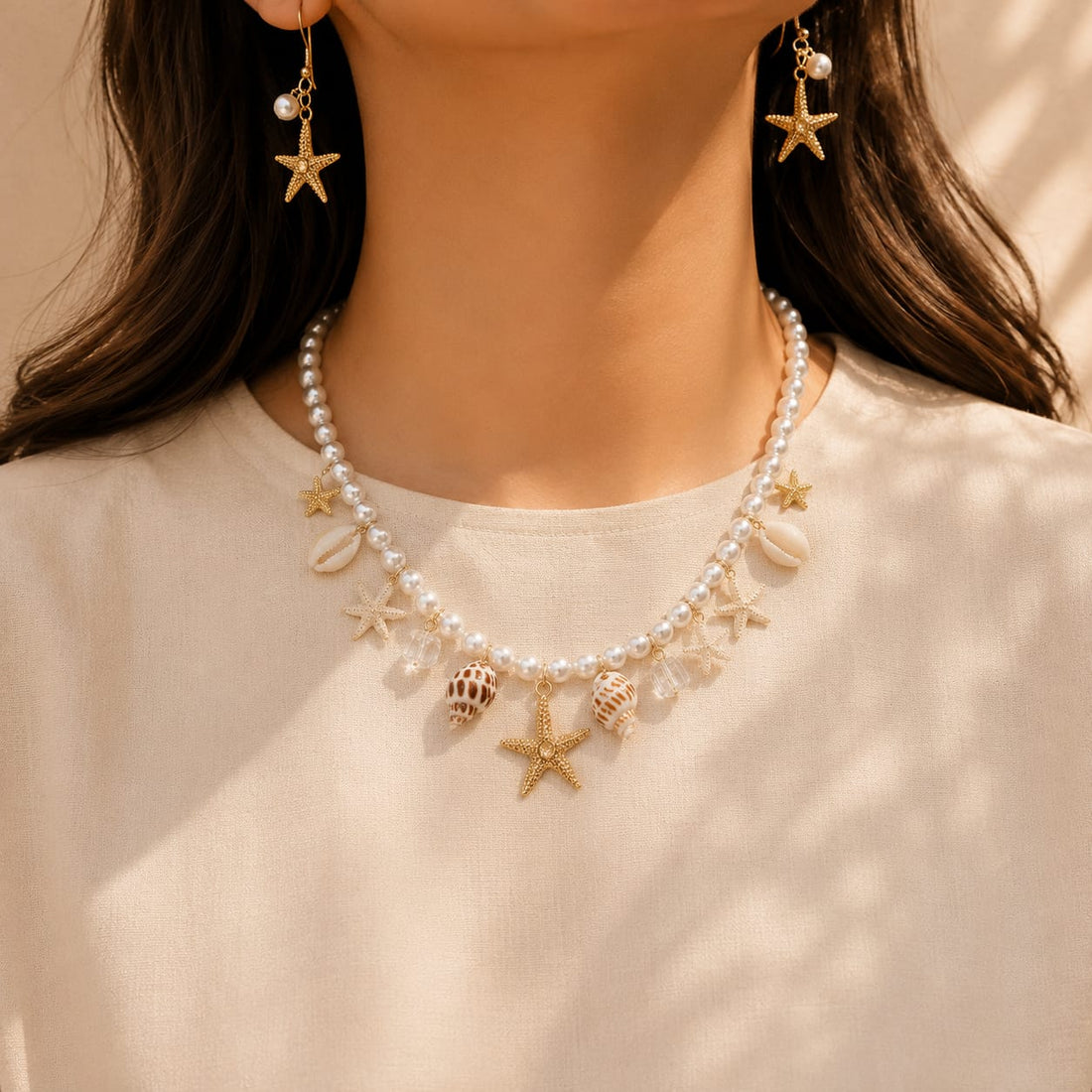 3Pcs Ocean Theme Faux Pearl Starfish Beaded Necklace