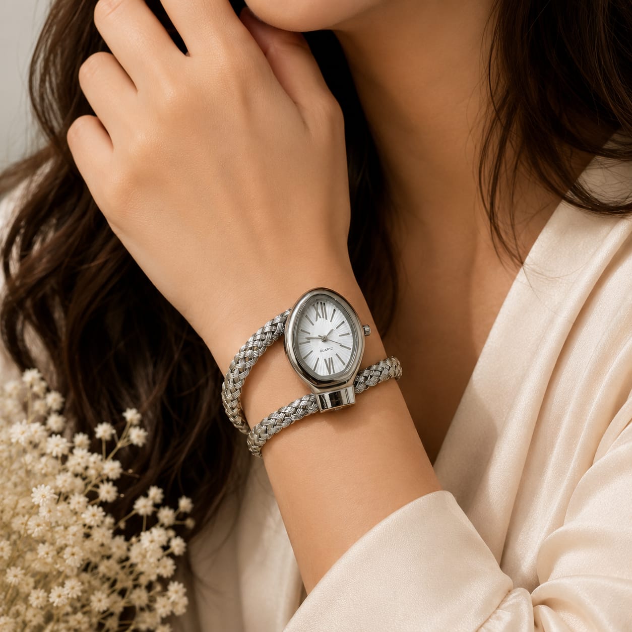 Oval Dial Roman Numeral Quartz Silver Tone Cuff Baracelet Watch