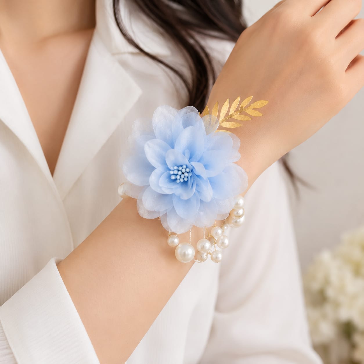 Women Wrist Corsage with Light Blue Camellia , Golden Leave