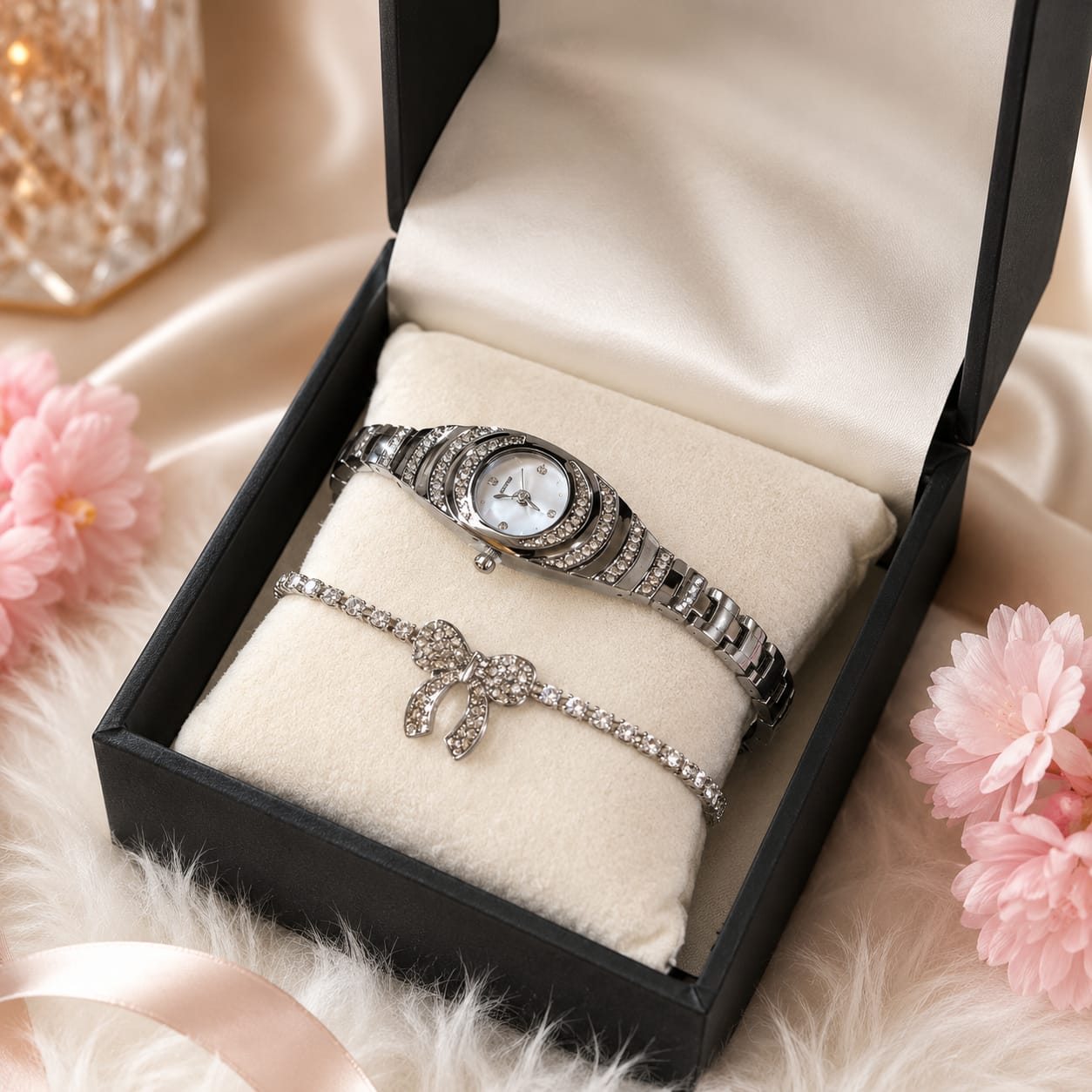 2 Pcs Set Luxury Rhinestone Studded Elegant Quartz Watch