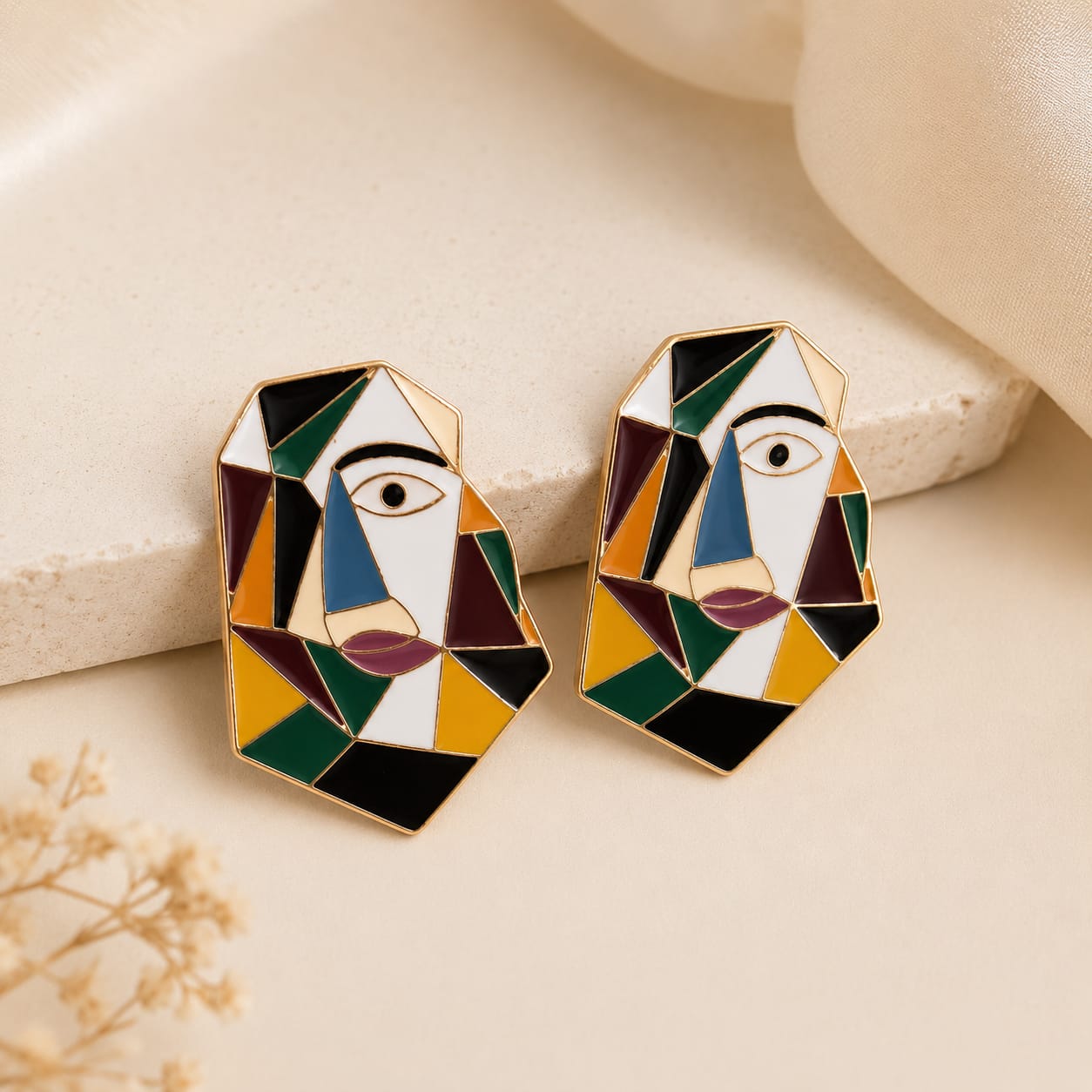 Artistic Geometric Abstract Face Contrast Colors Earrings