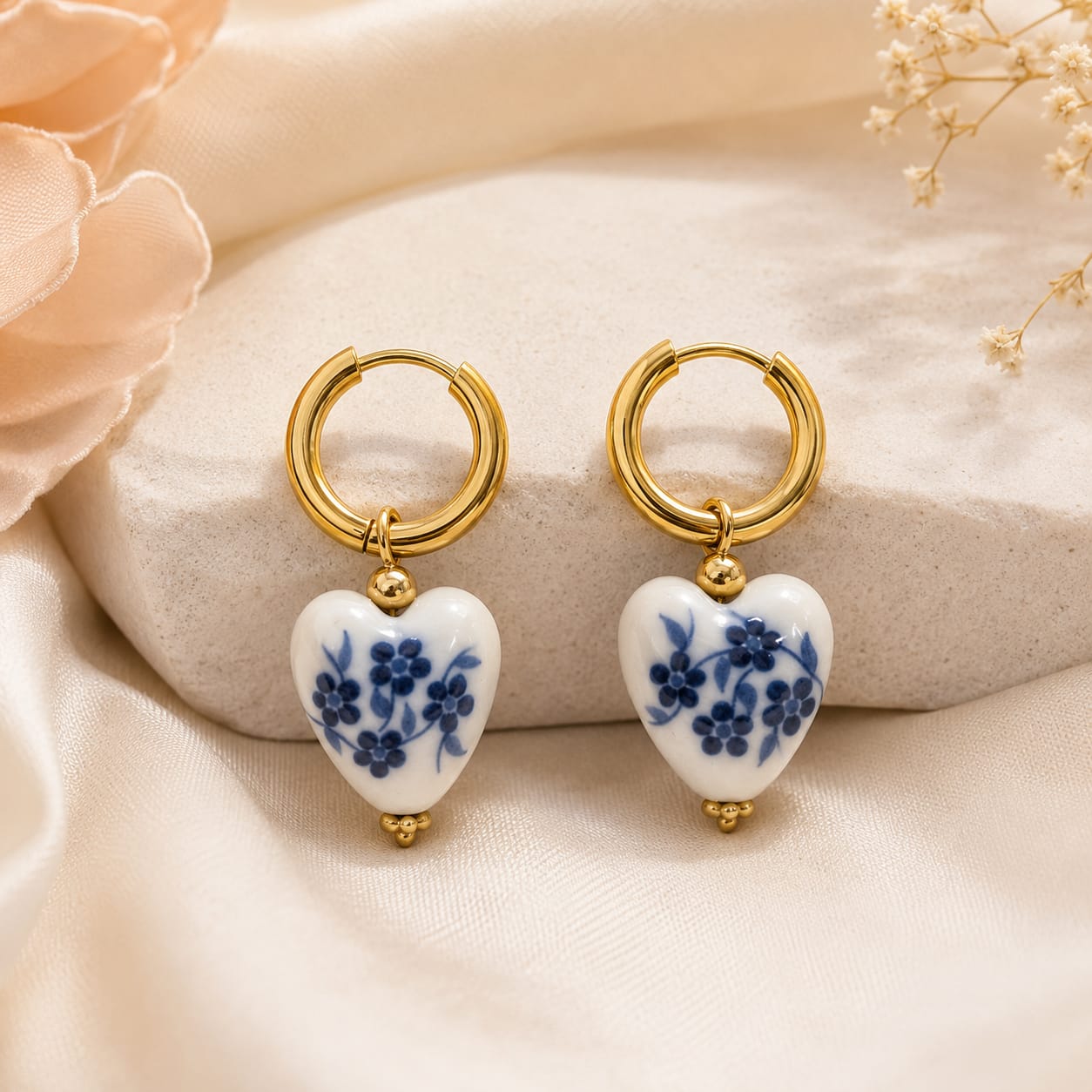 Vintage Neo-Chinese Style Blue and White Porcelain Heart Shaped Earrings