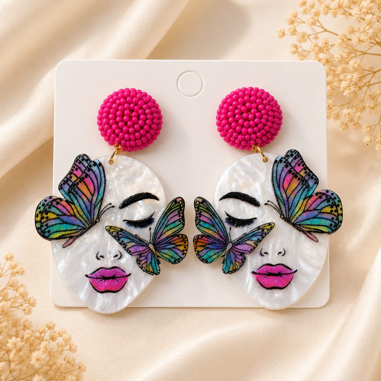 Pinky Snail Funky Butterfly Head Bead Statement Earrings