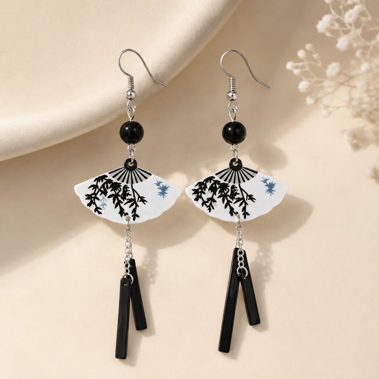 Chinese Style Silver Folding Fan Pearl Earrings