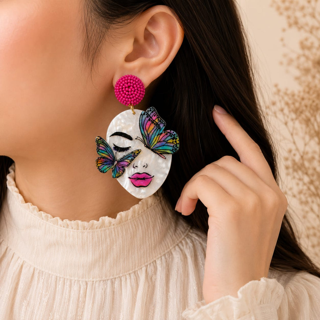 Pinky Snail Funky Butterfly Head Bead Statement Earrings