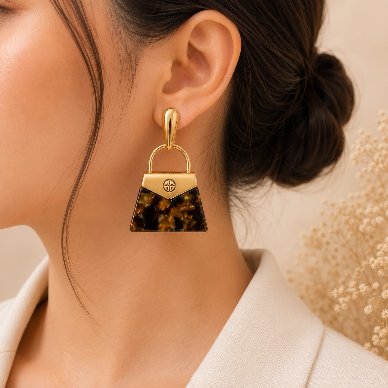 Mirrored Disc Design Earrings - Brown
