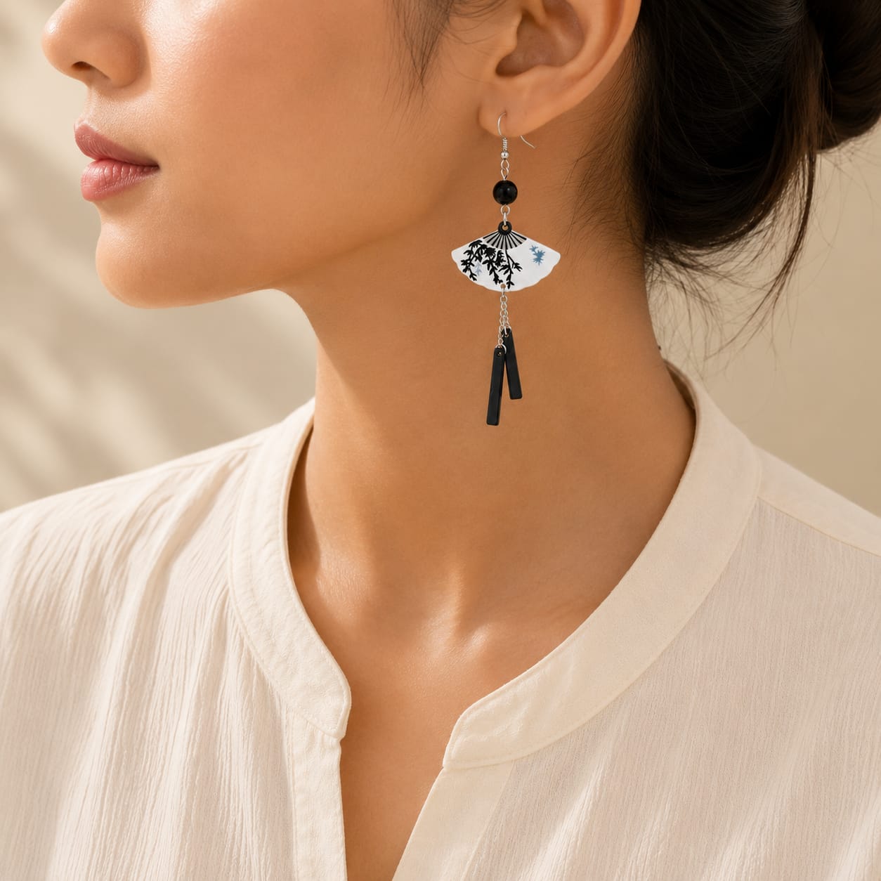 Chinese Style Silver Folding Fan Pearl Earrings