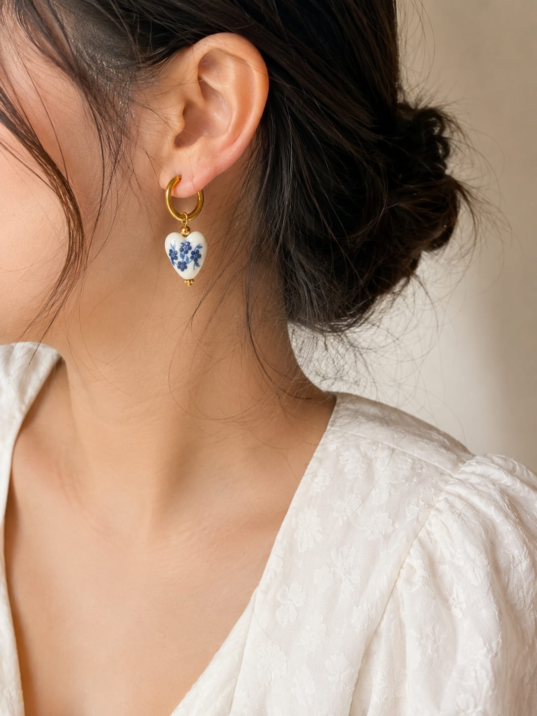 Vintage Neo-Chinese Style Blue and White Porcelain Heart Shaped Earrings